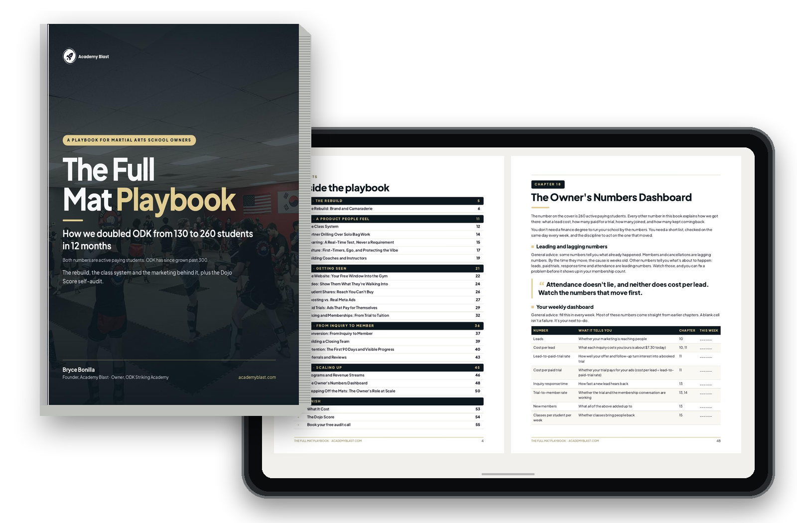 The Full Mat Playbook printed cover beside an iPad showing the contents and owner's numbers dashboard from the actual playbook